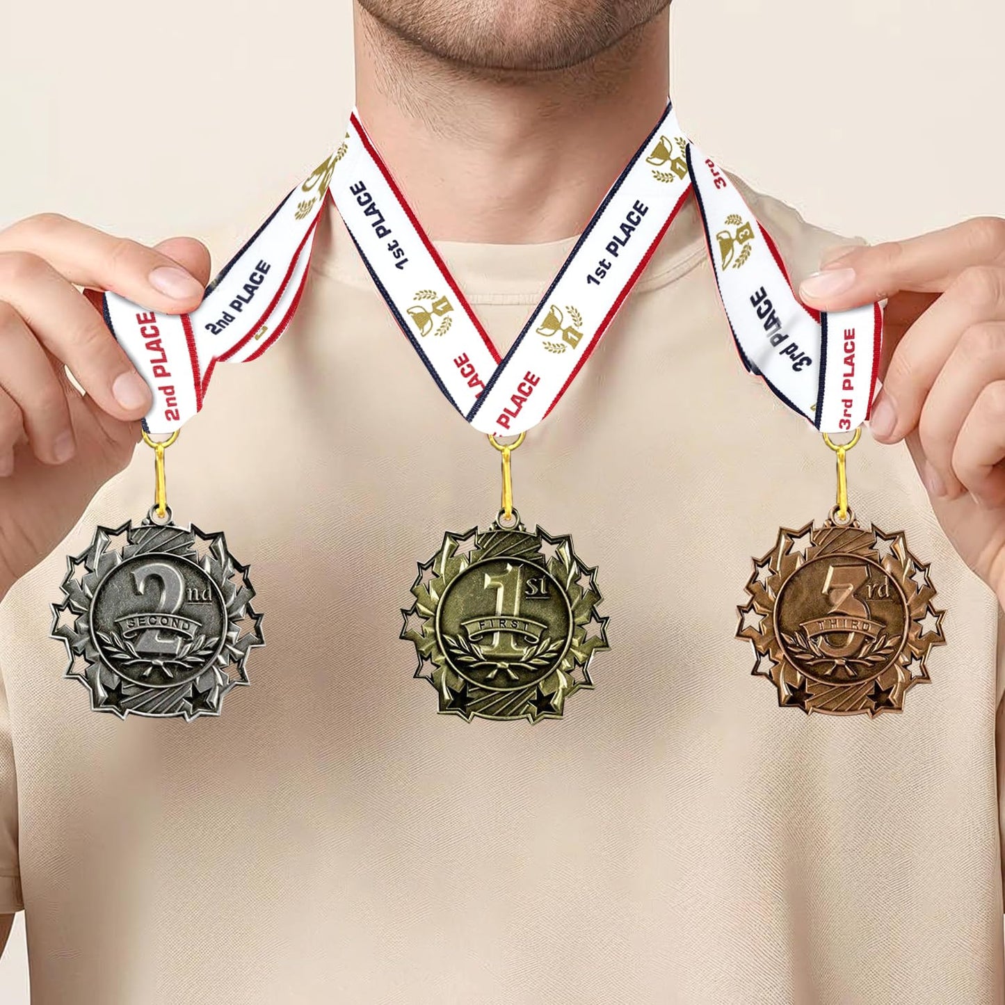 All Quality 1st 2nd 3rd Place Ten Star Award Medals - 3 Piece Set (Gold, Silver, Bronze) Includes Neck Ribbon (1 Pack)