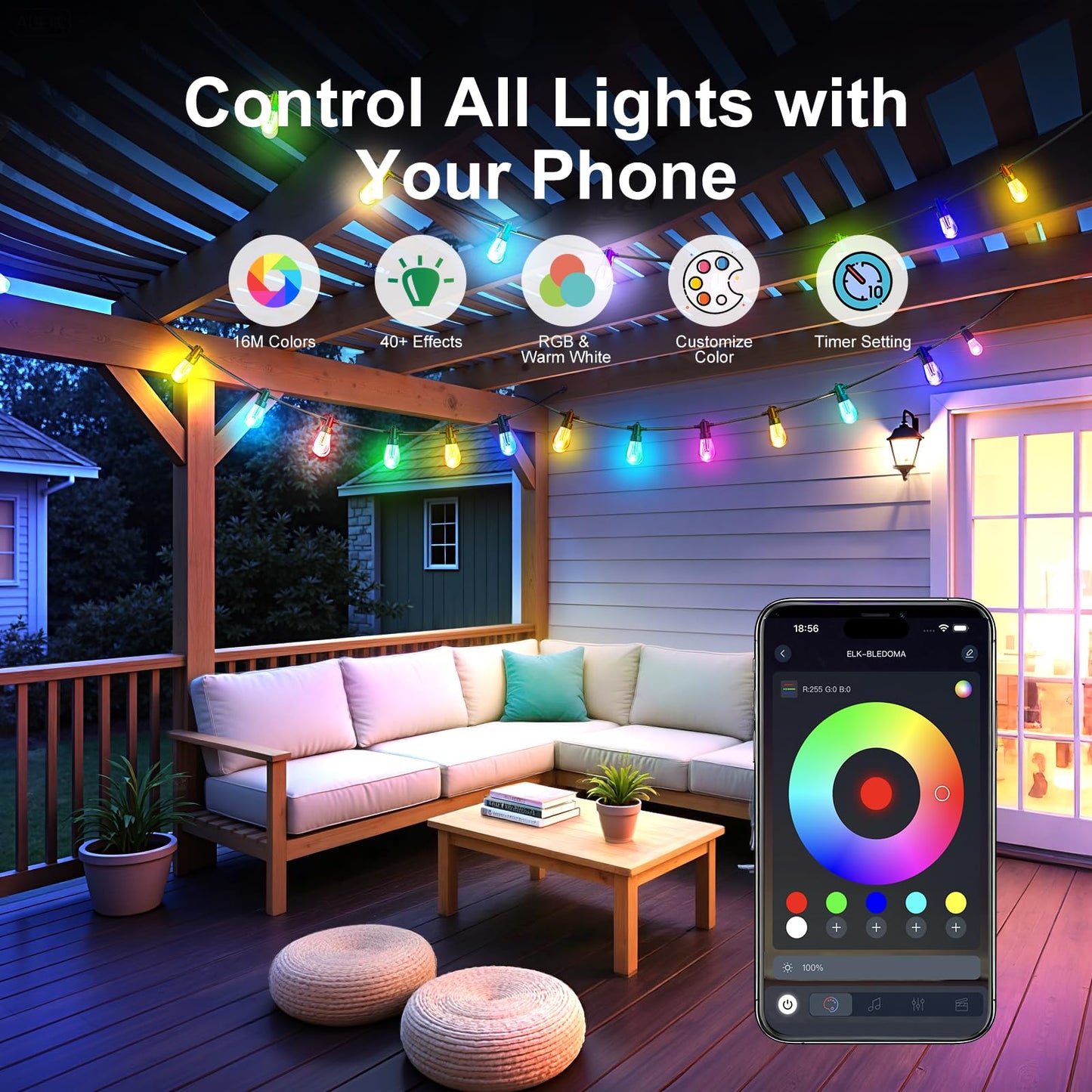 LSODLX Outdoor String Lights 96ft(2×48ft), Patio Lights with 30 Dimmable LED Bulbs, RGBW & Warm White, IP66 Waterproof, Shatterproof, APP & Remote Control, Color Change, Customizable for Backyard