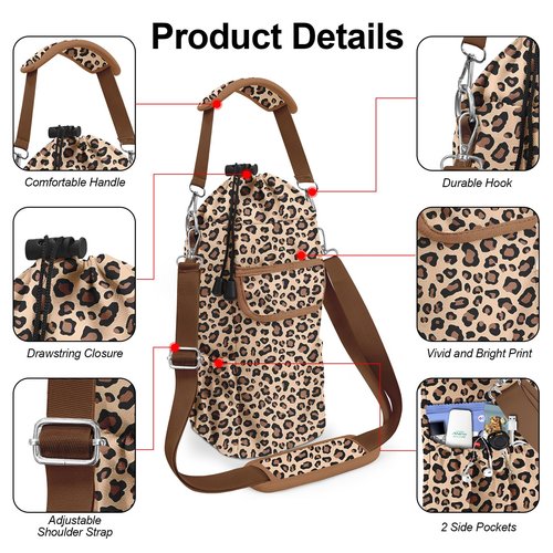 Leopard Water Bottle Holder with Strap,Water Bottle Carrier Bag with Phone Pocket for Stanley Cup 40/32/30oz Tumbler, Insulated Crossbody Sling Bottle Pouch with Adjustable Shoulder for Hiking Camping