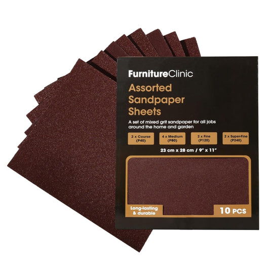 Furniture Clinic Pack of 10 Sandpaper Sheets for Wood, Walls, Metal and Furniture - for Hand, Sanding Block or Sander Use - 2 x Coarse, 4 x Medium, 4 x Fine Grades (P40, P80, P120, P240)