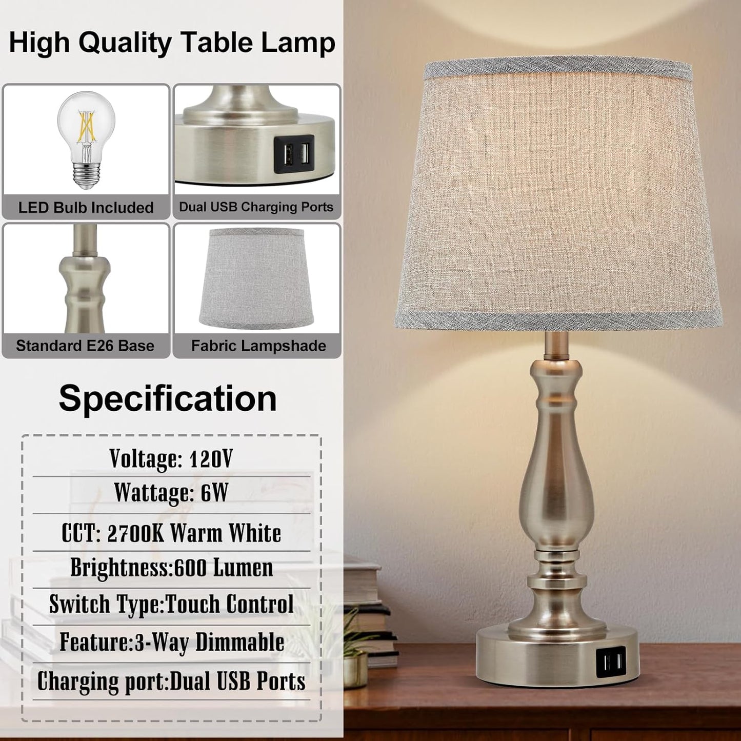 Touch Bedside Table Lamps Set of 2 with USB C+A Ports - 3-Way Dimmable Linen Shade