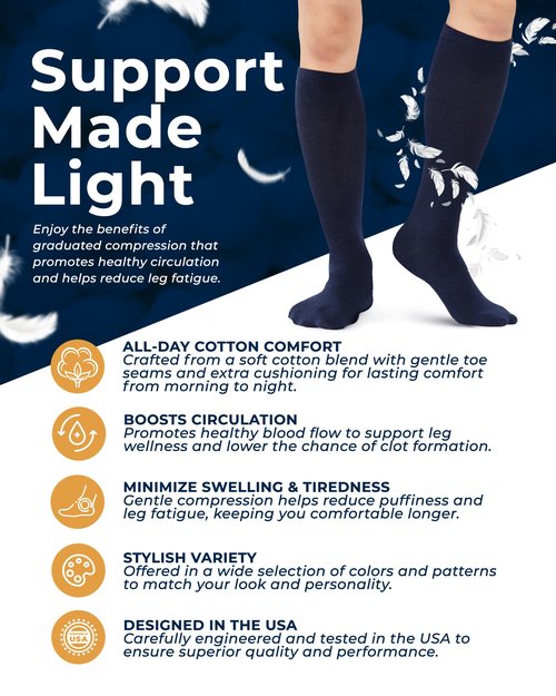 Pembrook Light Cotton Compression Socks for Men - 3 Pairs | Over the Calf Length Support | 8-15 mmHg Compression Socks for Men 9-12, 5-9 | Black, Gray, Navy/Nvy