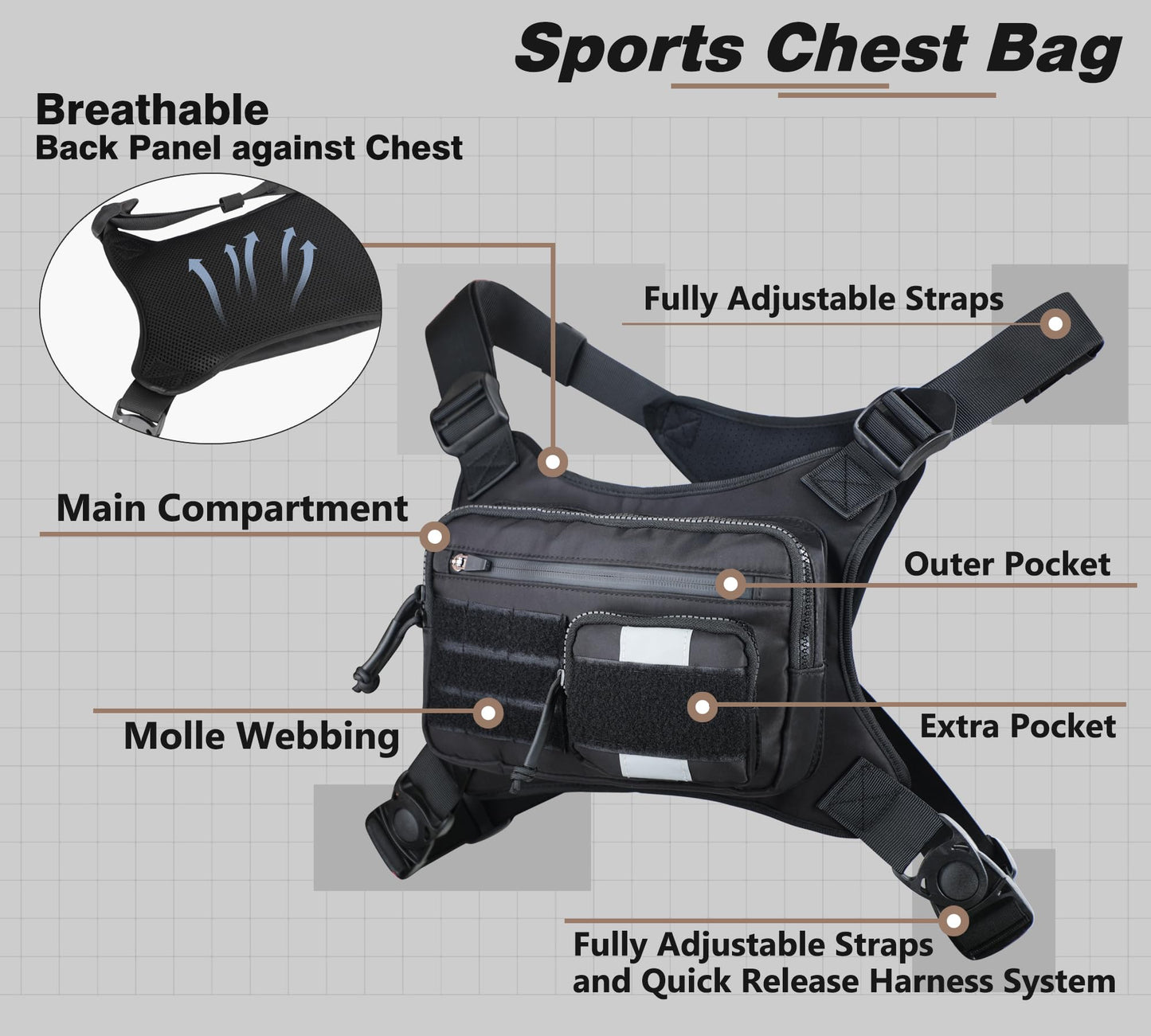 Chest Bag with Gun Holster fits Most Pistols, Tactical Chest Rig Vest, Running Chest Pack EDC for Men Women Sports Hiking