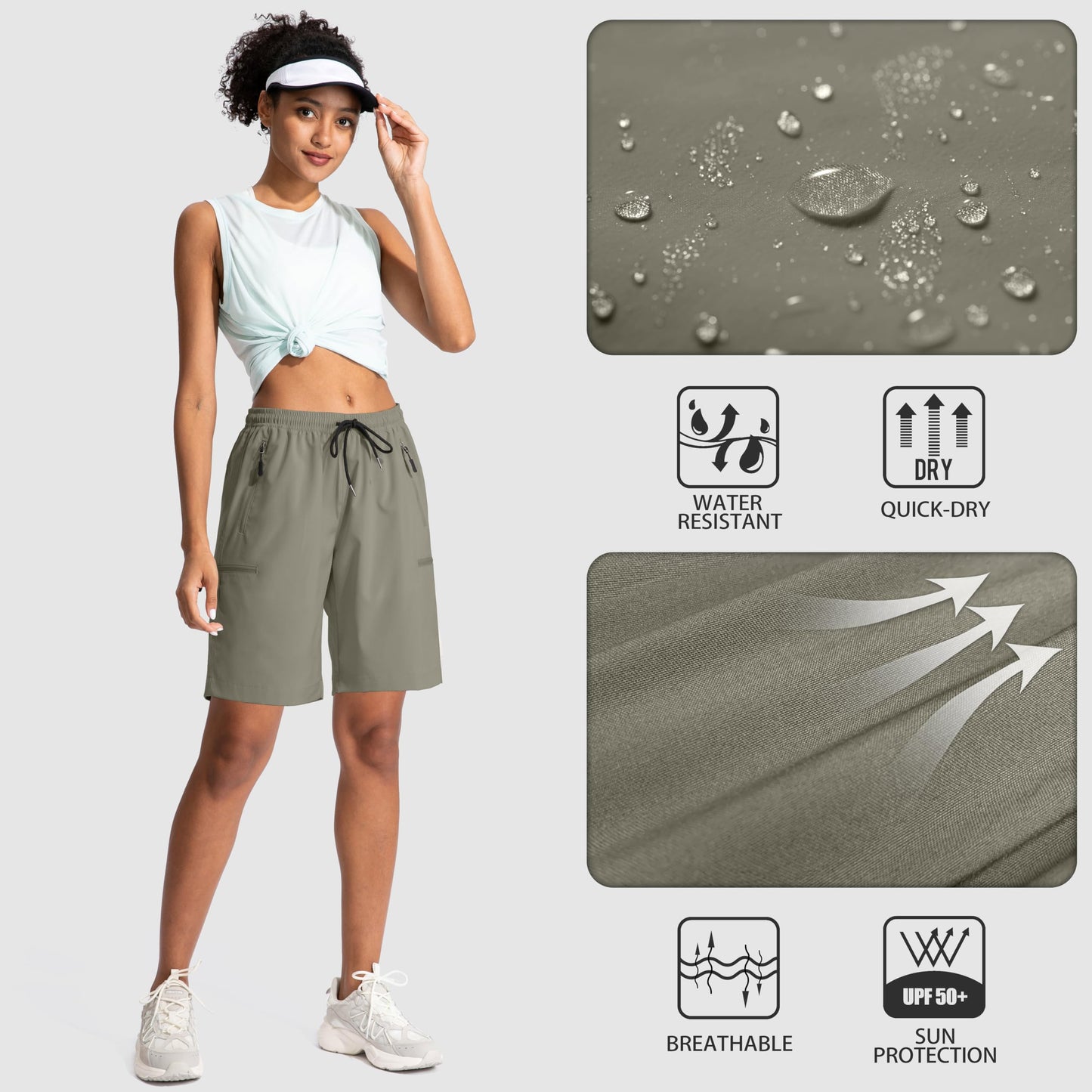 SANTINY Women's 5''/ 7''/9'' Hiking Cargo Shorts Quick Dry Lightweight Summer Shorts for Women Athletic Zipper Pockets(Grey Sage_XXL)
