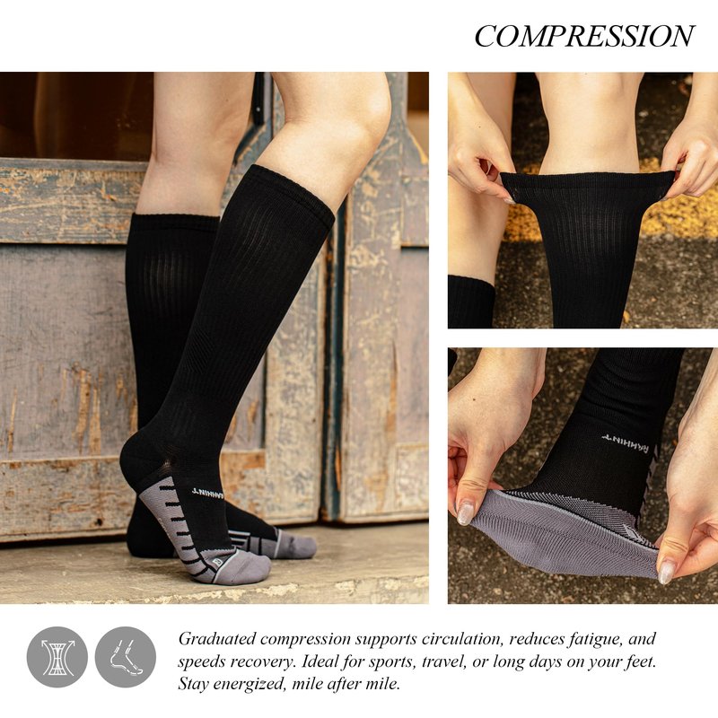 Rahhint Compression Socks for Flying 20-30 mmHg Athletic Socks Knee High Padded Cushion for Long Distance Travel & Running