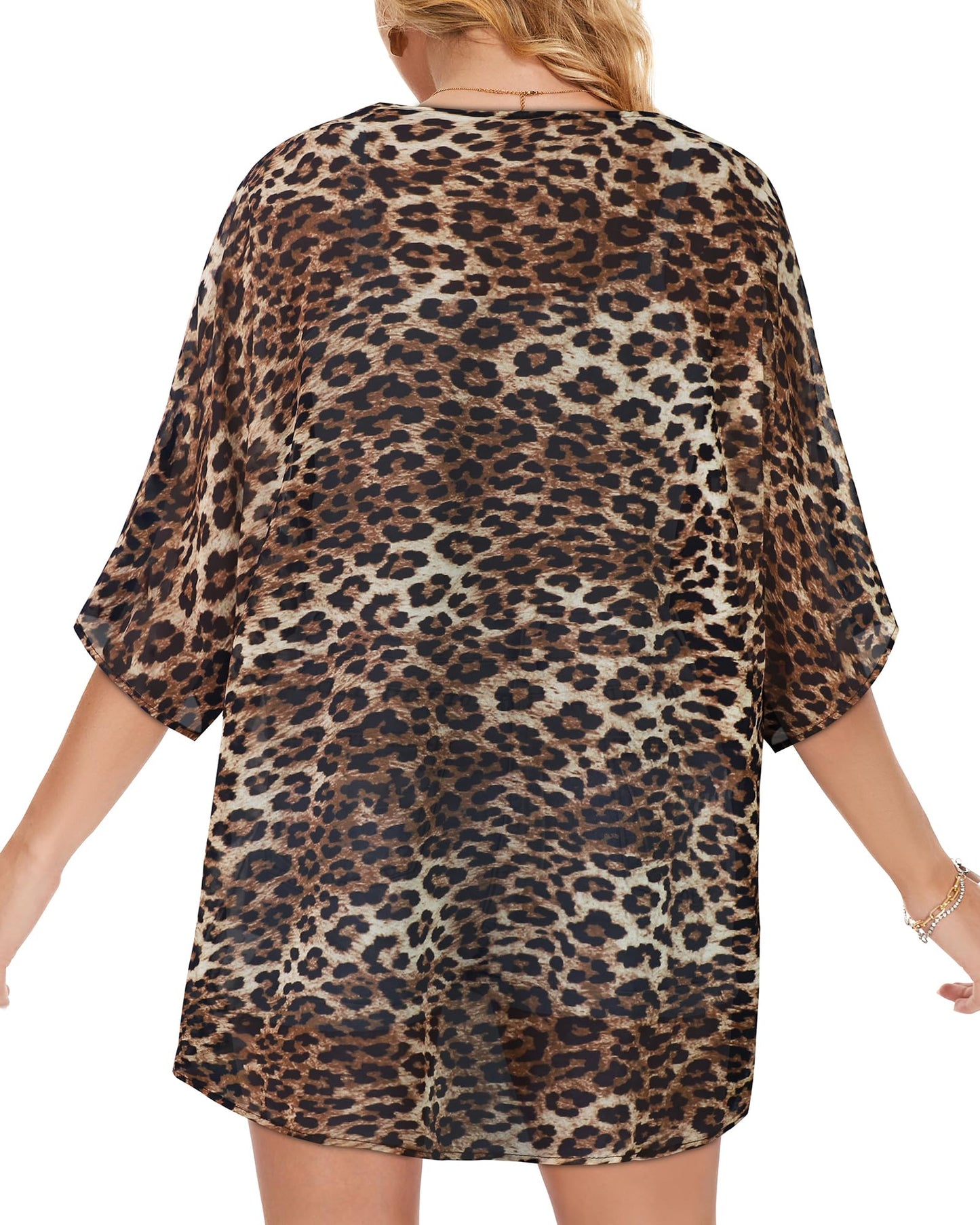 Women's Floral Kimono Print Puff Sleeve Loose Cardigan Cover Up Casual Blouse Tops (Leopard Print, XL)