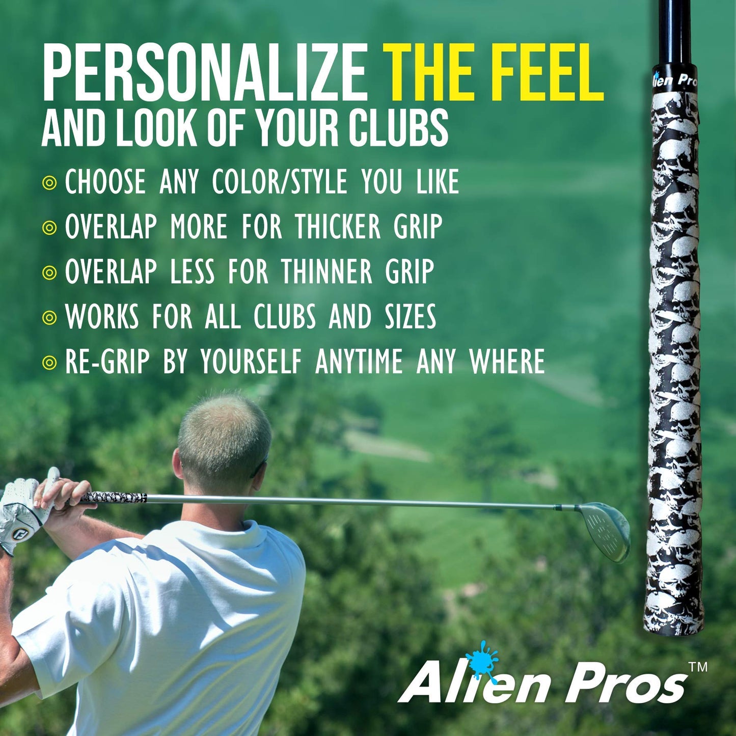 ALIEN PROS Golf Grip Wrapping Tapes (3-Pack) - Innovative Golf Club Grip Solution - Enjoy a Fresh New Grip Feel in Less Than 1 Minute (3-Pack, Skull Black), one size