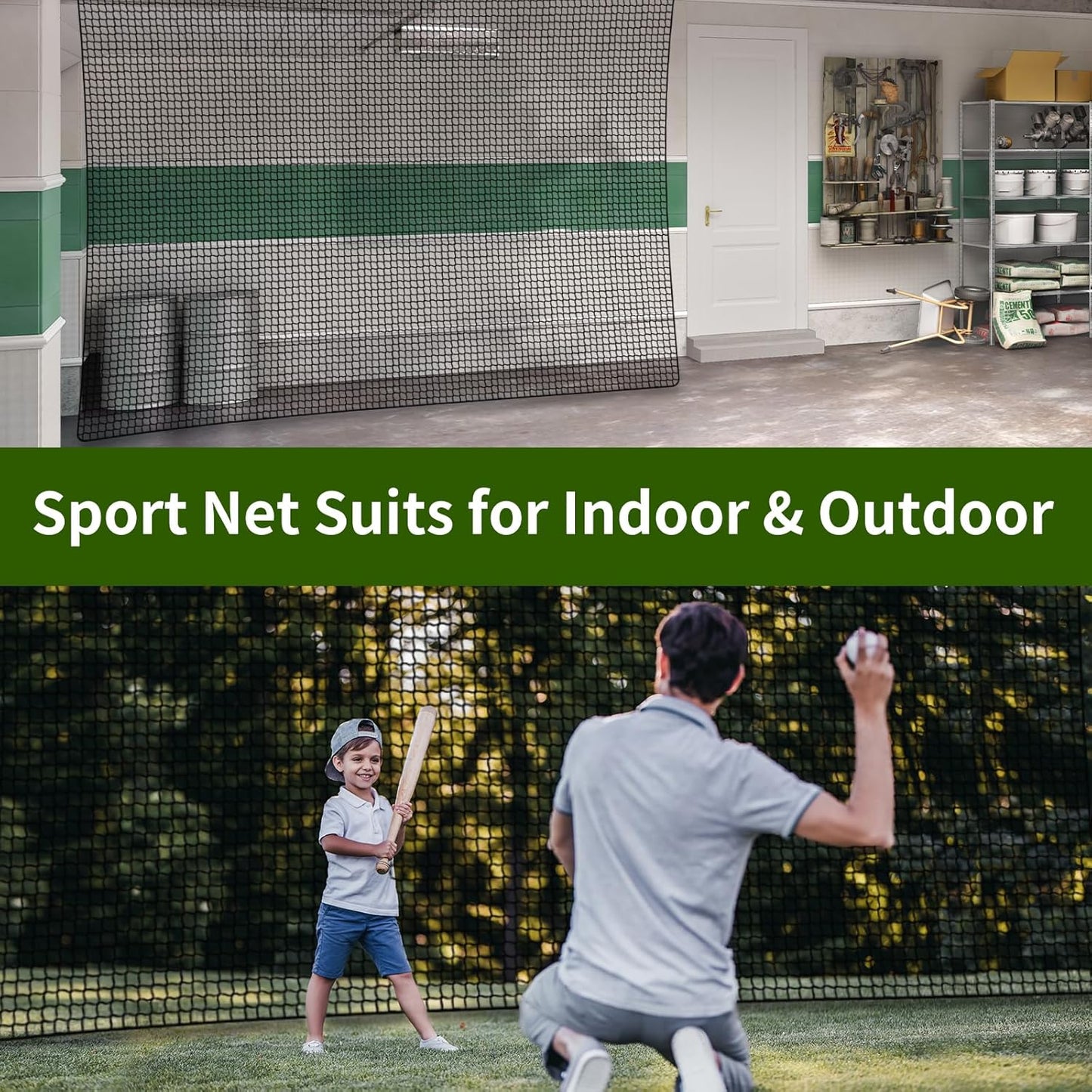 NQB Baseball Softball Backstop Nets - Heavy Duty Sports Nets, Sports Netting Barrier with 33FT Rope & Steel Hanging Kit, Sport Nets for Baseball Basketball Soccer Lacrosse Hockey