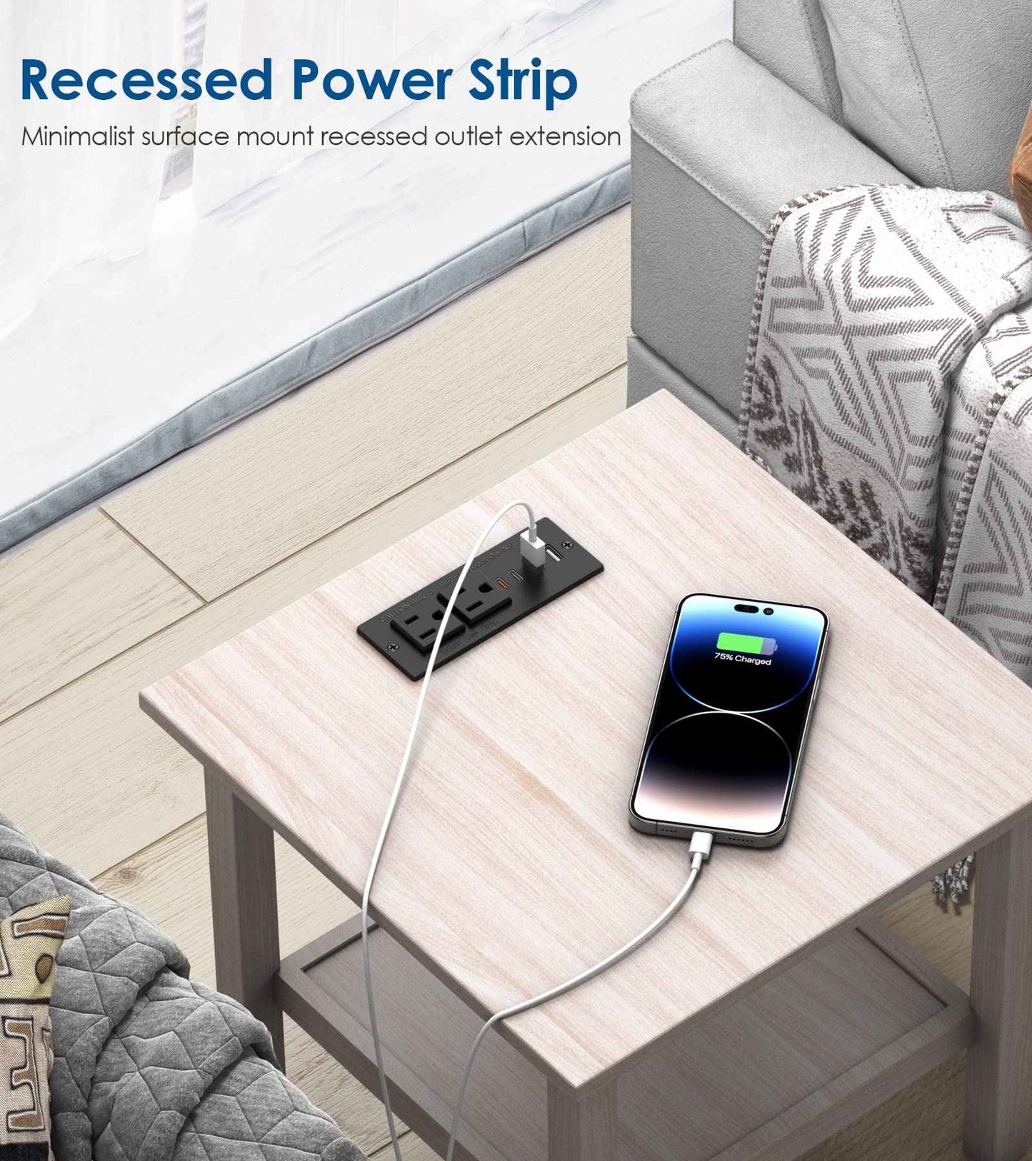 Recessed Power Strip 30W USB C,Furniture Flush Mount Desk Outlet,2 Outlets 4 USB Ports,Recessed Outlet for Side Table/Sofa Table,Ultra Thin Flat Plug Power Strip,3FT Cord (Black)