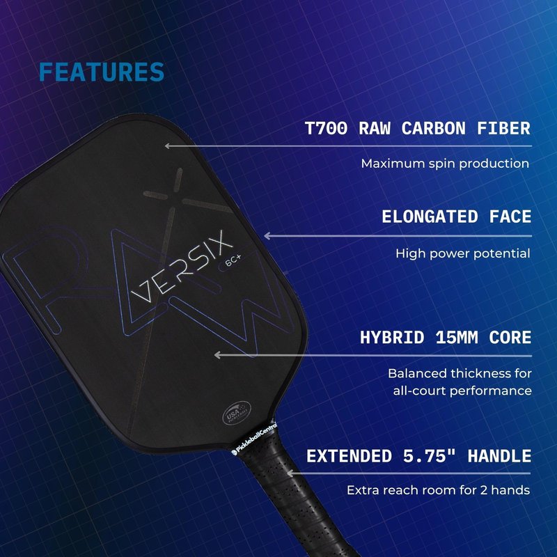 VERSIX RAW Carbon Fiber Pickleball Paddle, Extended 5.75" Handle, Carbon Fiber, 7.9oz (Midweight), 15mm Core…