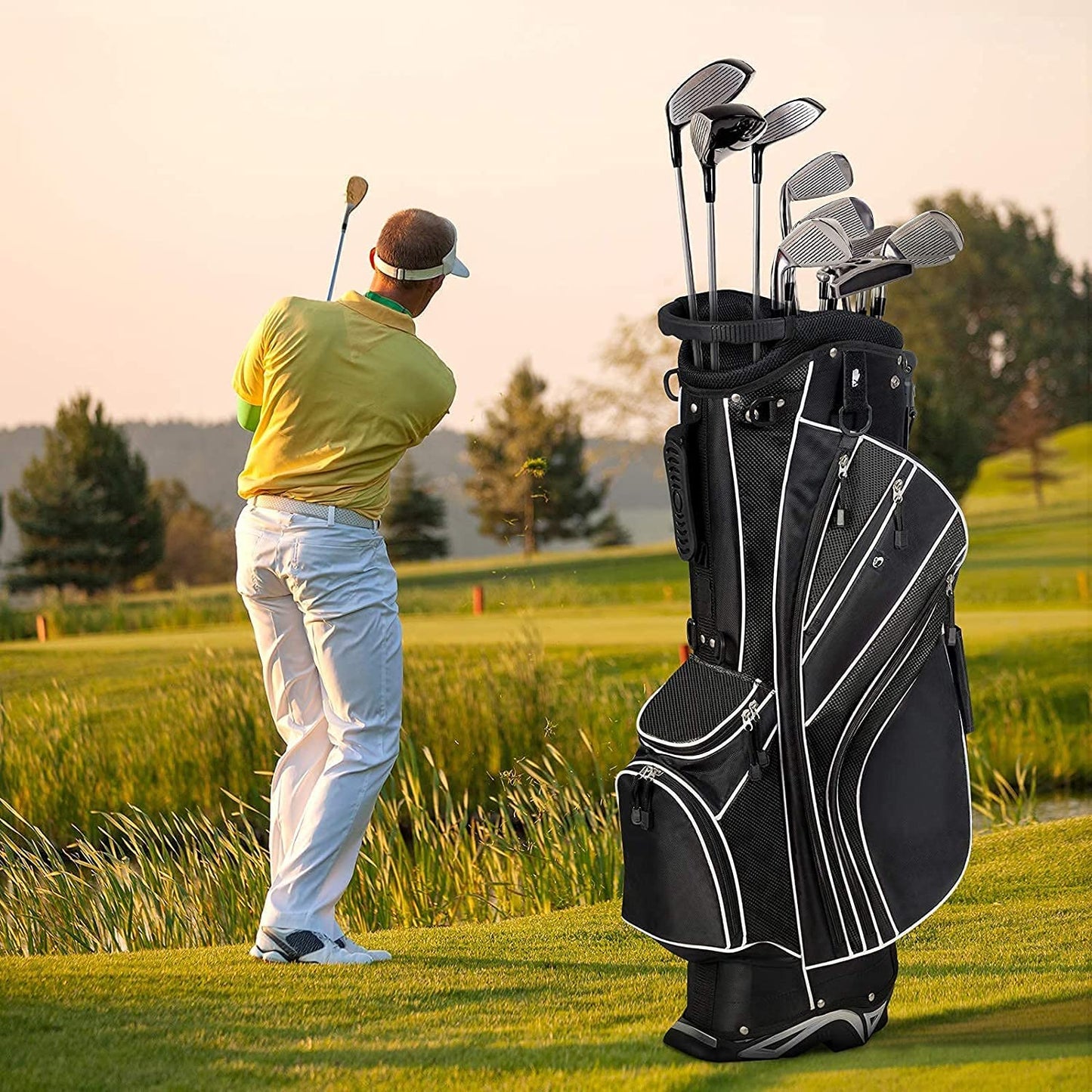 Renatone Golf Stand Bag, Lightweight Organized Golf Bag w/ 6 Way Dividers, 7 Pockets & Padded Dual Straps, Easy to Carry Golf Club Bag for Men & Woman (Black)