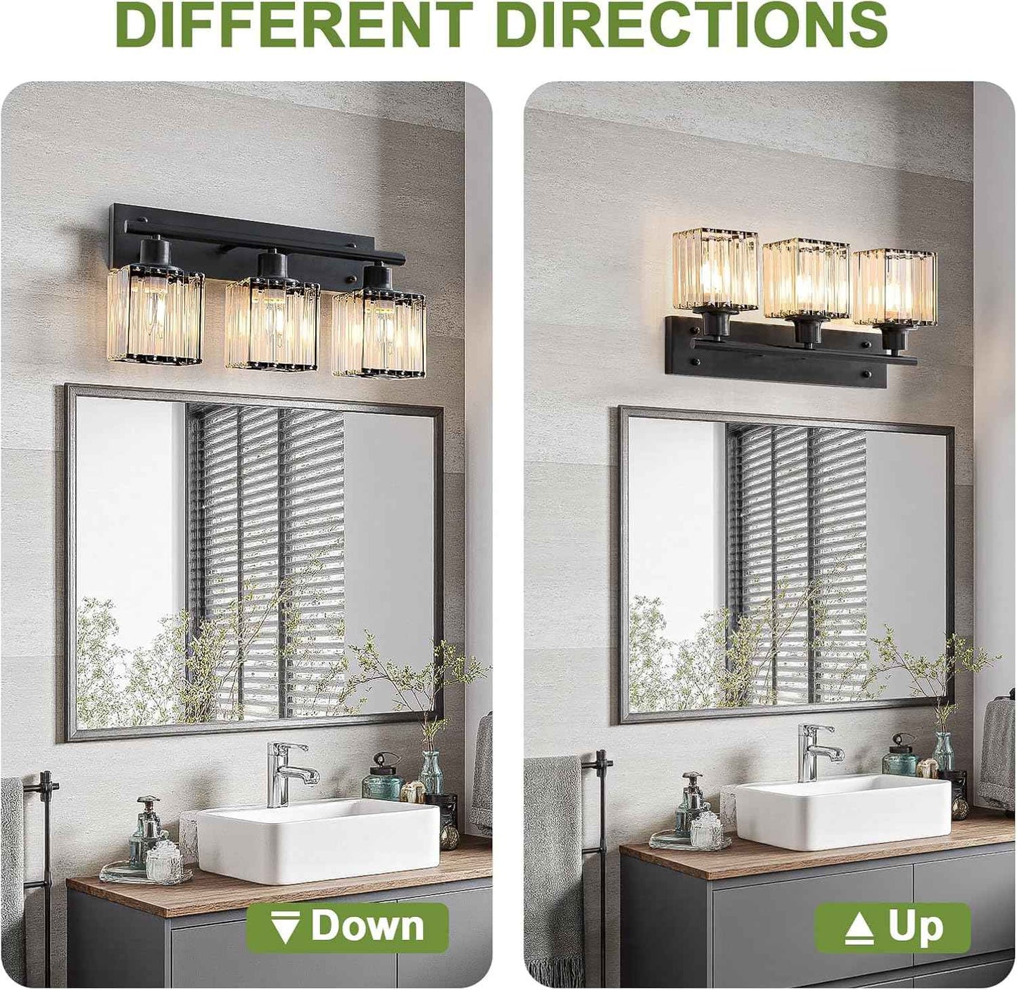 Modern 3-Light Crystal Vanity Light Fixture for Bathroom & Bedroom - Black Finish