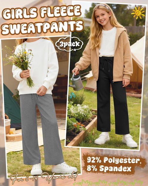 LessonZoo 3 Pack Girls' Sweatpants Fleece Lined Wide Leg Drawstring Casual Kids Open Bottom Pants with Pockets Teen Girl(Navy Blue, Heather Gray, Black,11-12 Years)