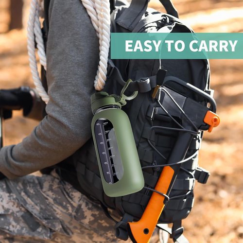 CIVAGO 32 Oz Glass Water Bottle - Motivational Sports Flask with Straw, Time Marker & Silicone Sleeve | Sage