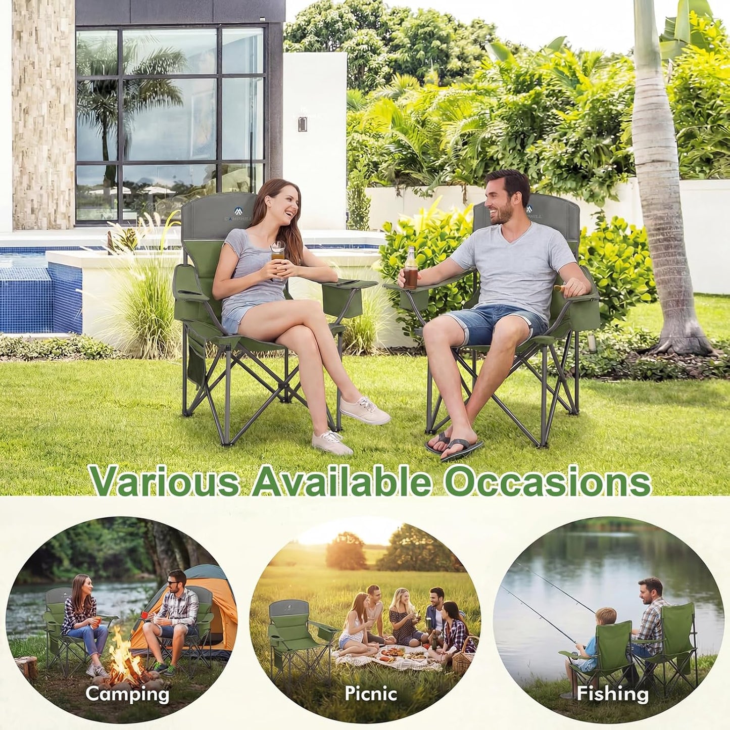 Skiennix Oversized Camping Chairs 2 Pack - Heavy Duty 400LBS Padded Lawn Chairs with Cooler Bag & Cup Holder | Olive Green