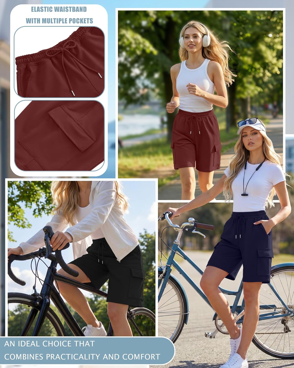 Neer Women's Bermuda Cargo Shorts - Elastic Drawstring, Knee Length, 4 Pockets | Casual & Comfortable