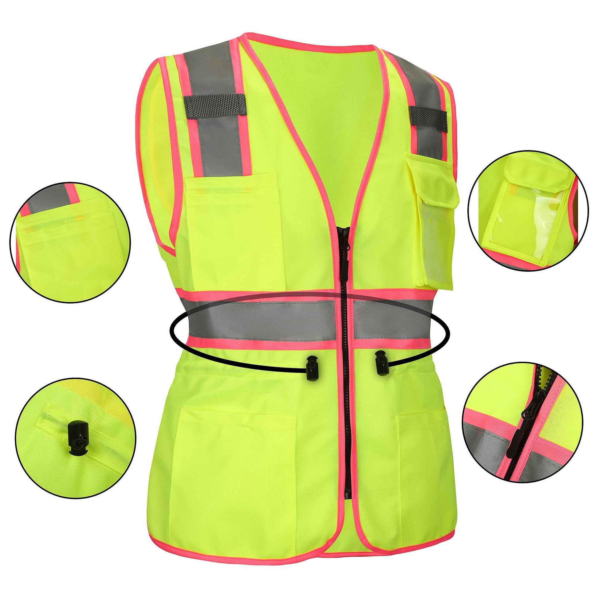 MZCYHCSD Women's Safety Vest ,Hi Vis Safety Vest for Women, Working Drawstring Waist with pocket and Zipper, ANSI Type R Class2, XS