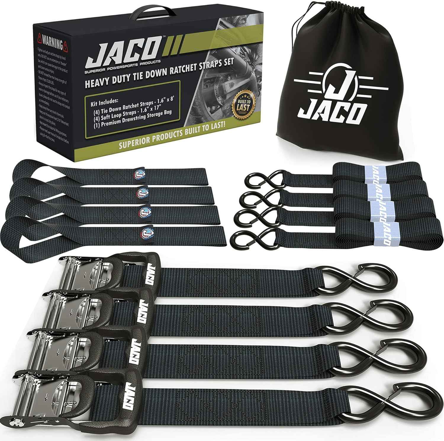 Heavy Duty Ratchet Straps 1.6" x 8ft (Pack of 4) - 5,208 lbs Tie Down Kit with Soft Loops