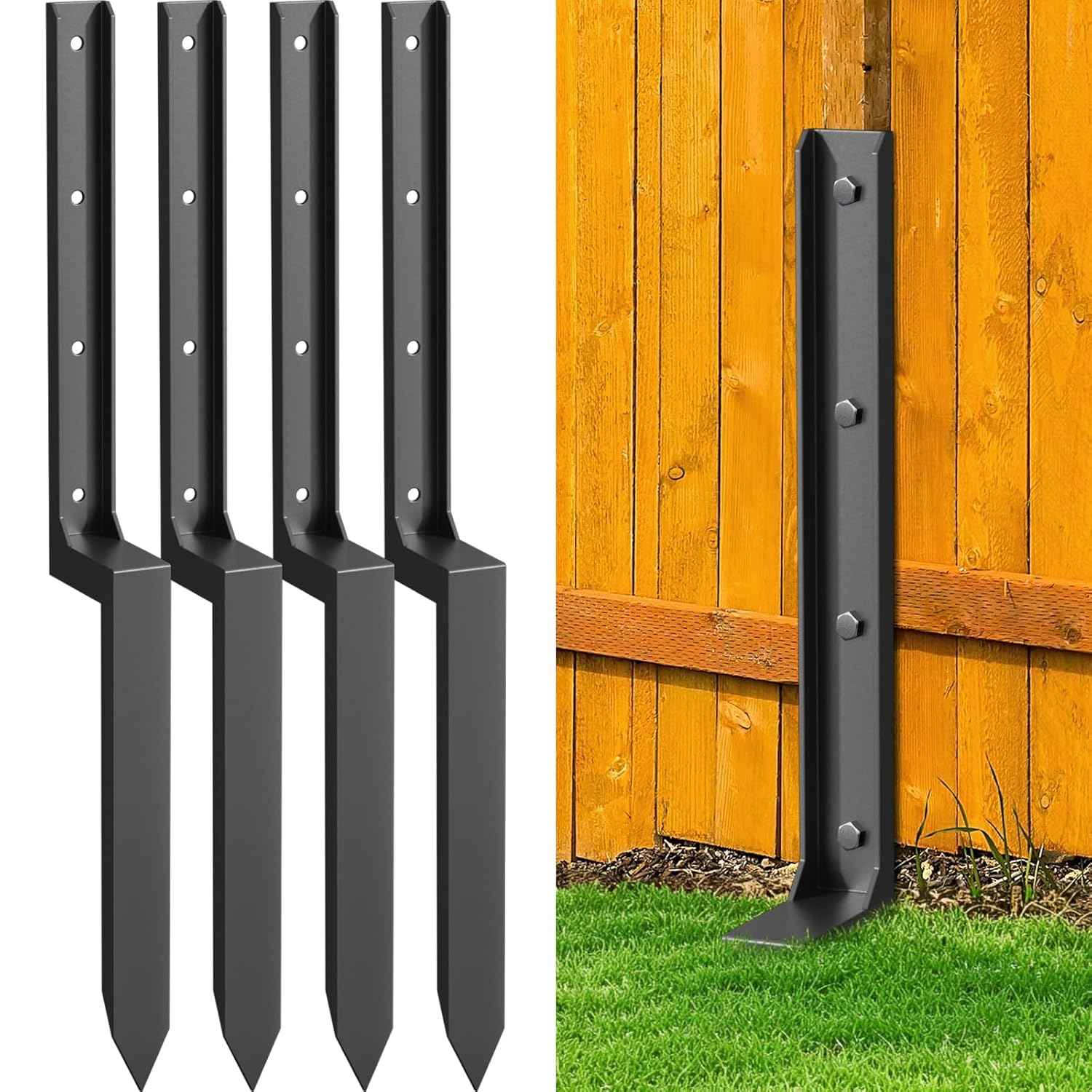 Heavy Duty 4-Pack Fence Post Repair Kit - 33.6" Ground Stakes for Tilted/Broken Wood Posts