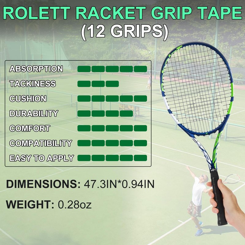 Rolett 12 Pack Tennis Racket Grip Tape, Precut Anti Slip Tennis Grip Tape, Absorbent and Dry Feel Tennis/Pickleball/Badminton Grips Overgrip Tape, Highly Comfortable Overgrip Tennis Racket Tape