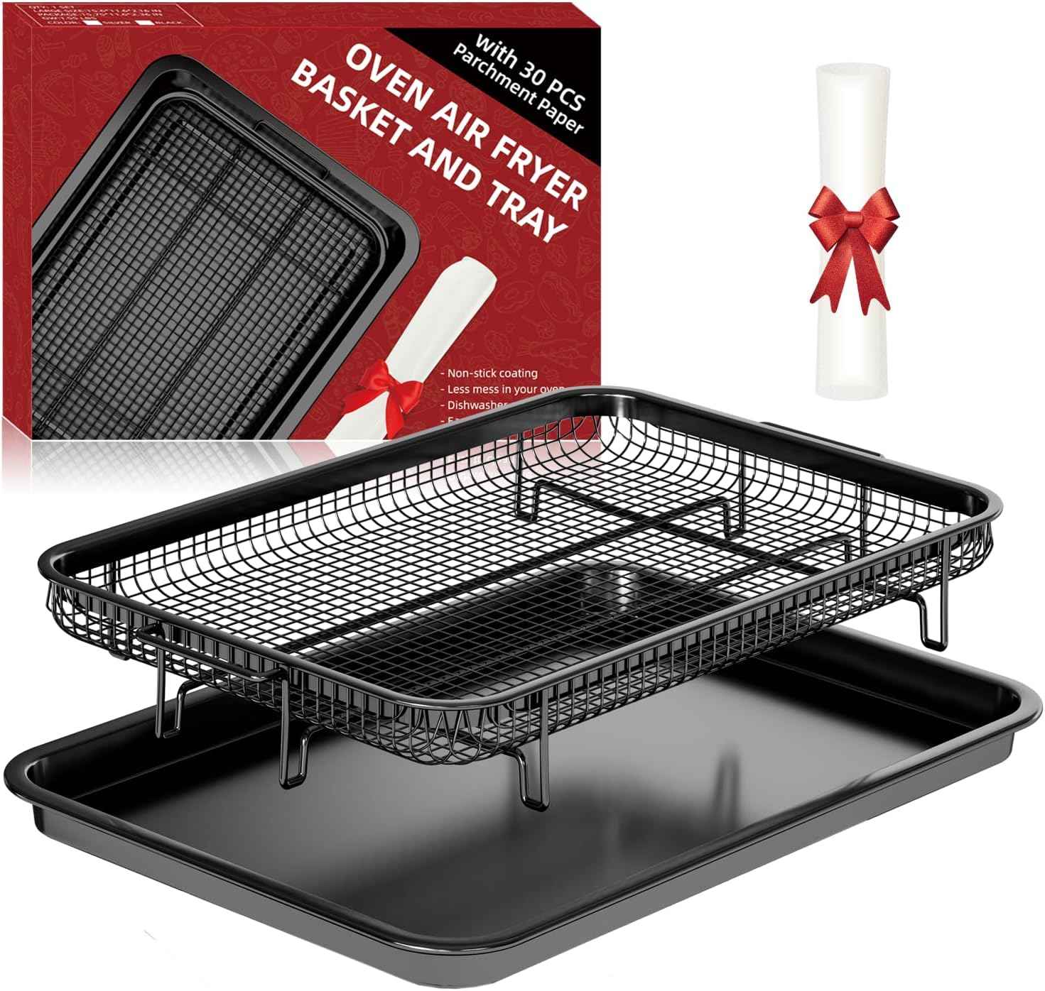 Air Fryer Basket Set with Parchment Papers - Non-Stick Stainless Steel Trays (2 Sizes)