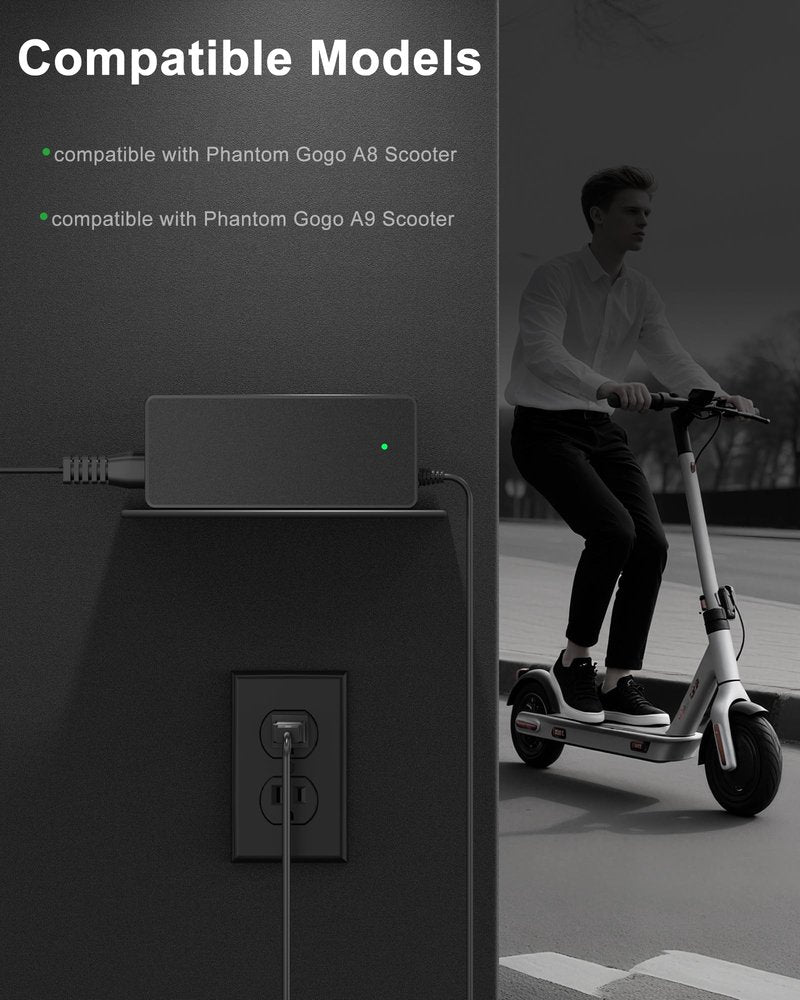 VHBW 42V Scooter Charger Compatible with Phantom Gogo Charger, Compatible with Phantom Gogo A8 A9 Electric Scooter
