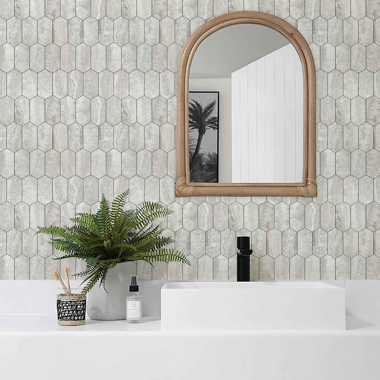 Glossy Wood Grain Peel and Stick Backsplash Tile - 10 Sheets Hexagon Mosaic for Kitchen & Bathroom, 12.4 x 12 Inch