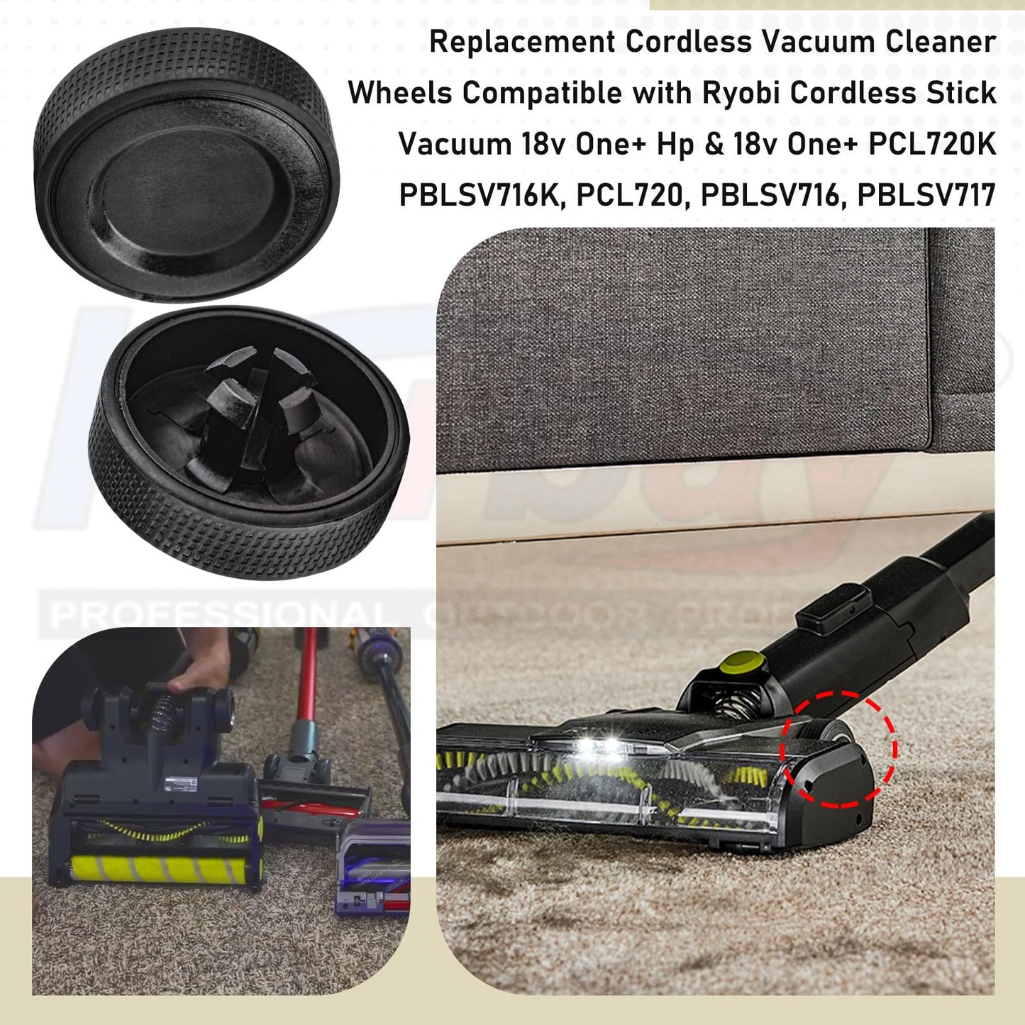 2 Sets of Upgraded Replacement Wheel and Gasket for Ryobi 18v Cordless Stick Vac PCL720B, PCL720K, PBLSV716B, PBLSV716K, PBLSV717B, PBLSV717K Cordless Vacuum Cleaner - Silicone Replacement Wheels