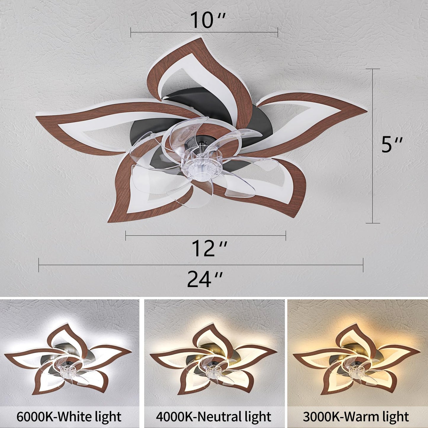 HuixuTe 24" Wood Geometric Ceiling Fan with Lights Remote Control, Low Profile Ceiling Fan with Light for Kitchen Bedroom Living Room