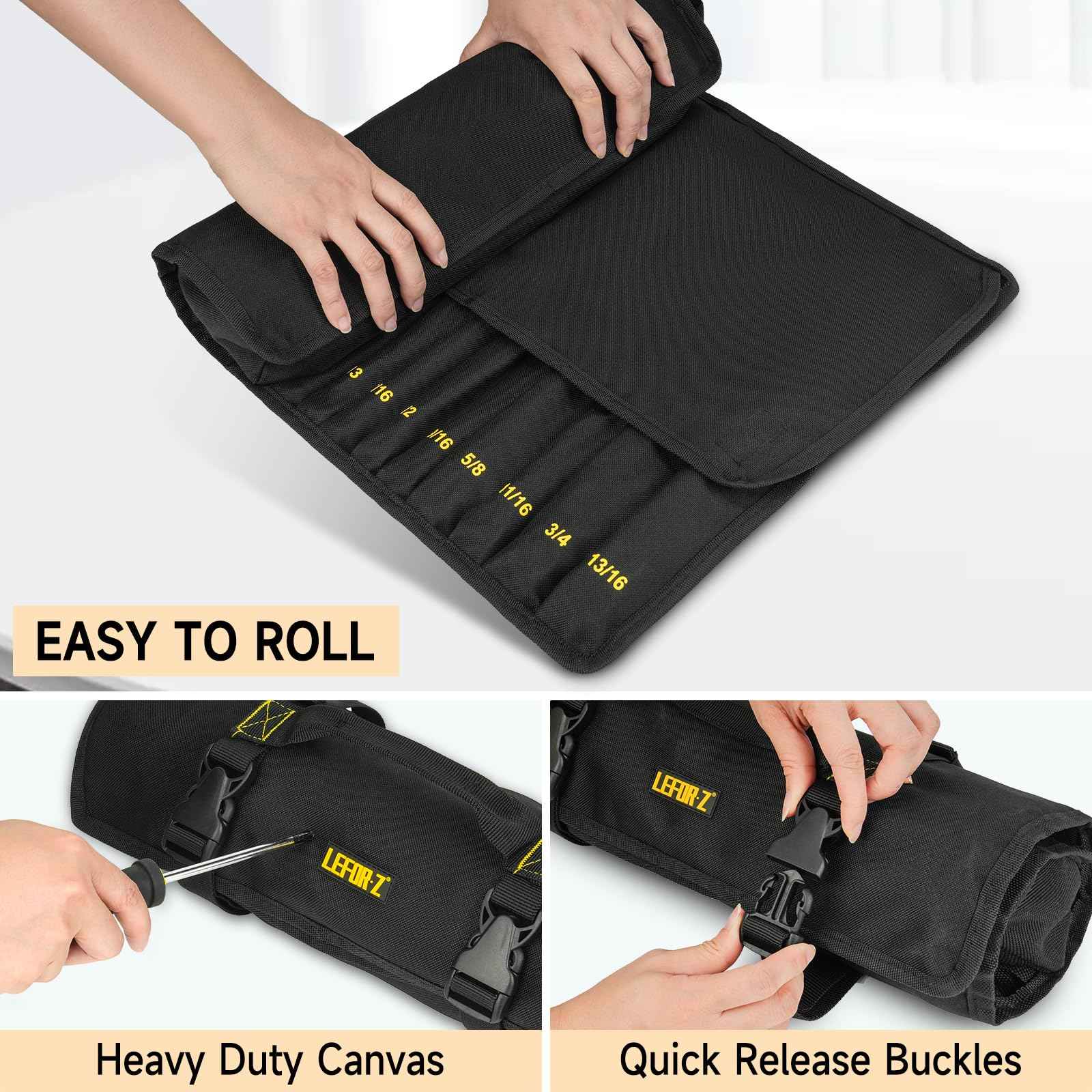 Wrench Roll Organizer (NOT for Ratcheting Wrench),Wrench Roll Up Pouch with 23+1 Pockets,Heavy Duty Tool Roll for Metric & SAE Wrenches,Large Wrench Holder Organizer Bag for Men,Mechanics(Black)