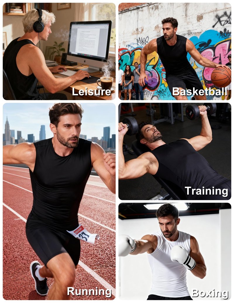 5 Pack Men's Athletic Compression Shirts Sleeveless Tank Top Base Layer Sports Workout Shirts for Basketball B L