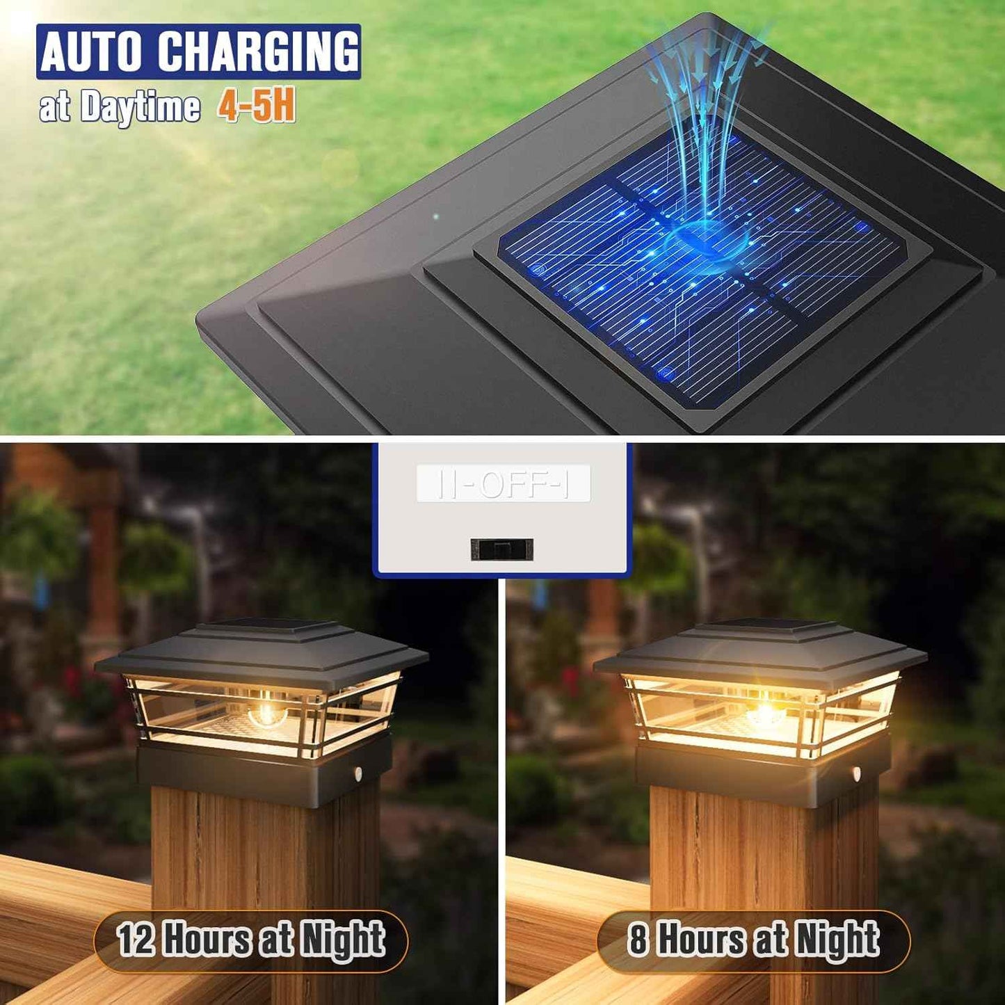 Solar Post Cap Lights 8-Pack - Adjustable Brightness Warm White, IP64 Waterproof, Vintage Edison Bulbs for 4x4, 5x5, 6x6 Fence & Deck Posts - Black