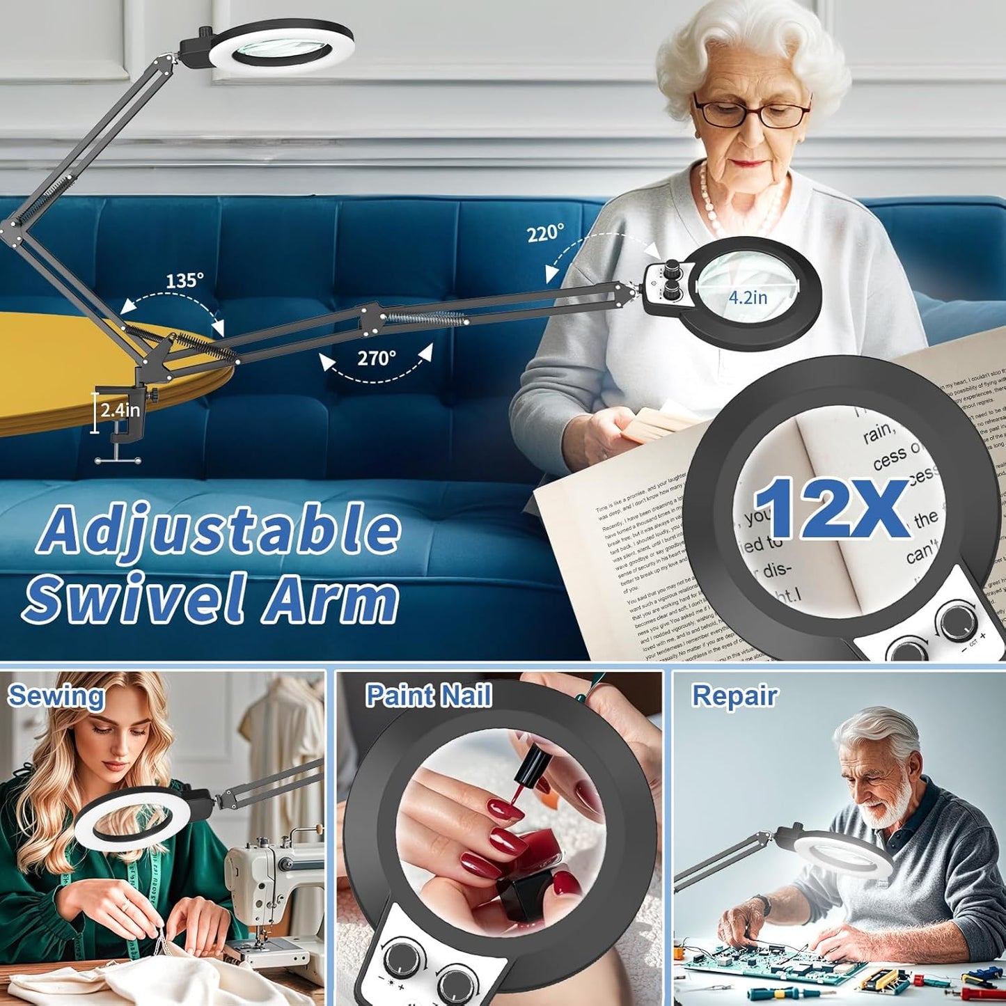 12X LED Magnifying Glass with Light & Clamp - Hands-Free Desk Lamp for Crafting & Reading