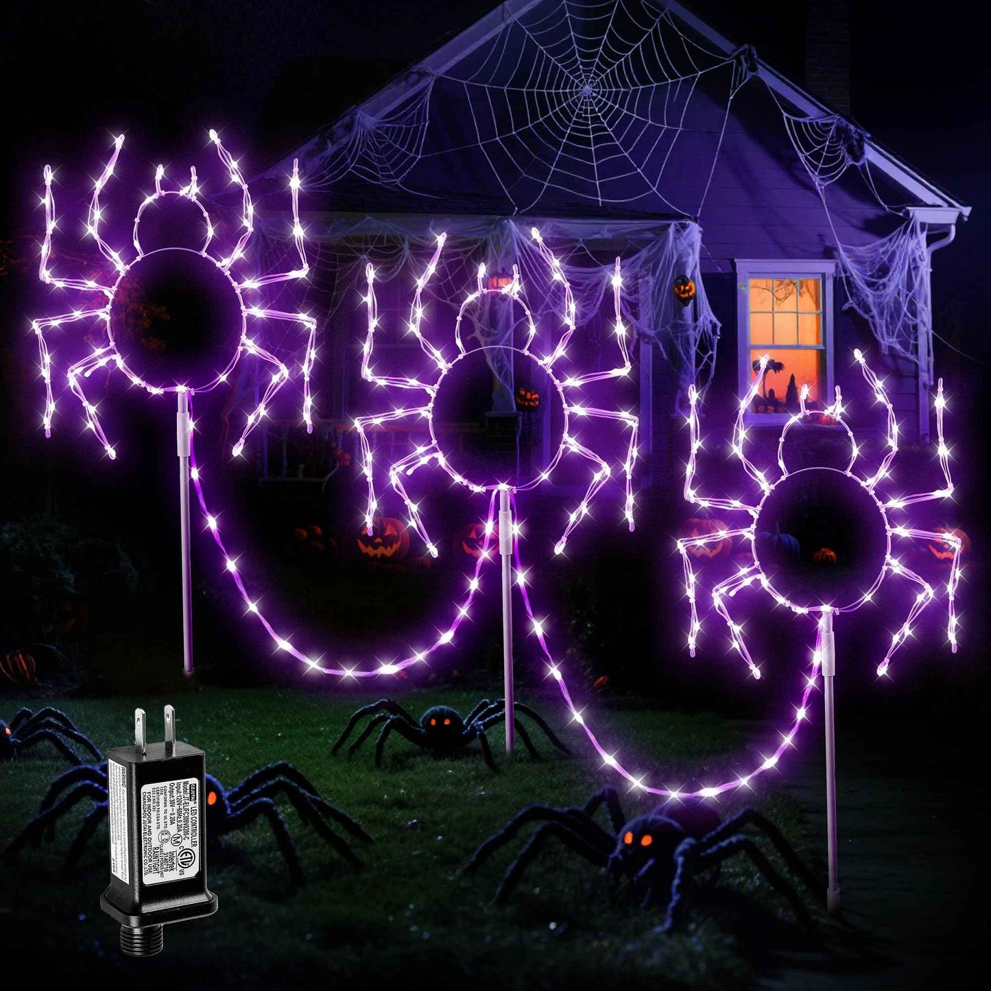 MYGOTO Halloween Spider Pathway Lights, 3 Pack 250 LED Purple Decorations Outdoor Metal Stake Lights, 8 Modes Memory Timer Waterproof Plug in Light String for Walkway Yard Lawn Garden Halloween Décor