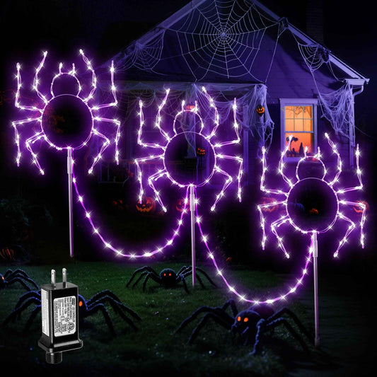 MYGOTO Halloween Spider Pathway Lights, 3 Pack 250 LED Purple Decorations Outdoor Metal Stake Lights, 8 Modes Memory Timer Waterproof Plug in Light String for Walkway Yard Lawn Garden Halloween Décor