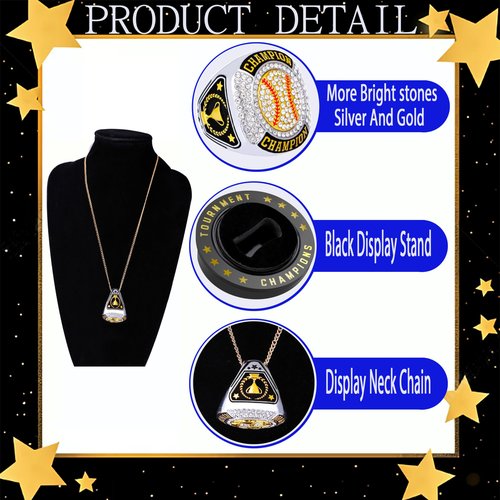 daijbling 12 Pcs Baseball Championship Ring Softball Ring Sport Ball Trophy Award Gift with Display Neck Chain and Stand for Tournament or League Champion Winner (12 pcs Gold Rings, Size 11)