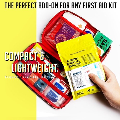 Everlit Care Travel Essential First Aid Kit - TSA Compliant Mini Medkit with Bonus Medical Supplies | 64 Tablets Individually Packed