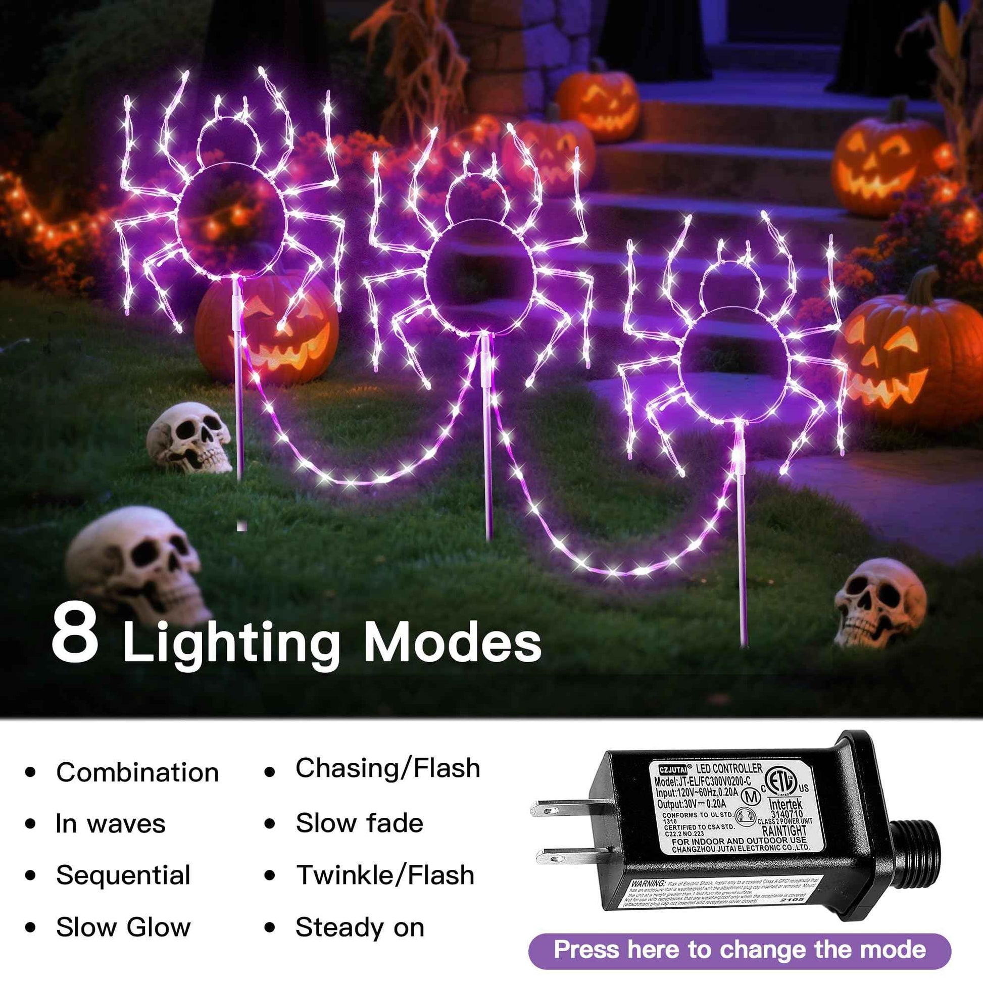 MYGOTO Halloween Spider Pathway Lights, 3 Pack 250 LED Purple Decorations Outdoor Metal Stake Lights, 8 Modes Memory Timer Waterproof Plug in Light String for Walkway Yard Lawn Garden Halloween Décor