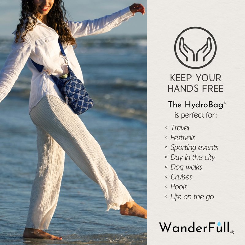 WanderFull® Original HydroBag®, Fits Up to 32 oz Water Bottle Holder with Strap, Gift for Women, Hands-Free Crossbody, Water Bottle Carrier Bag with Phone Pocket - Navy Knot Print, Mother’s Day Gift