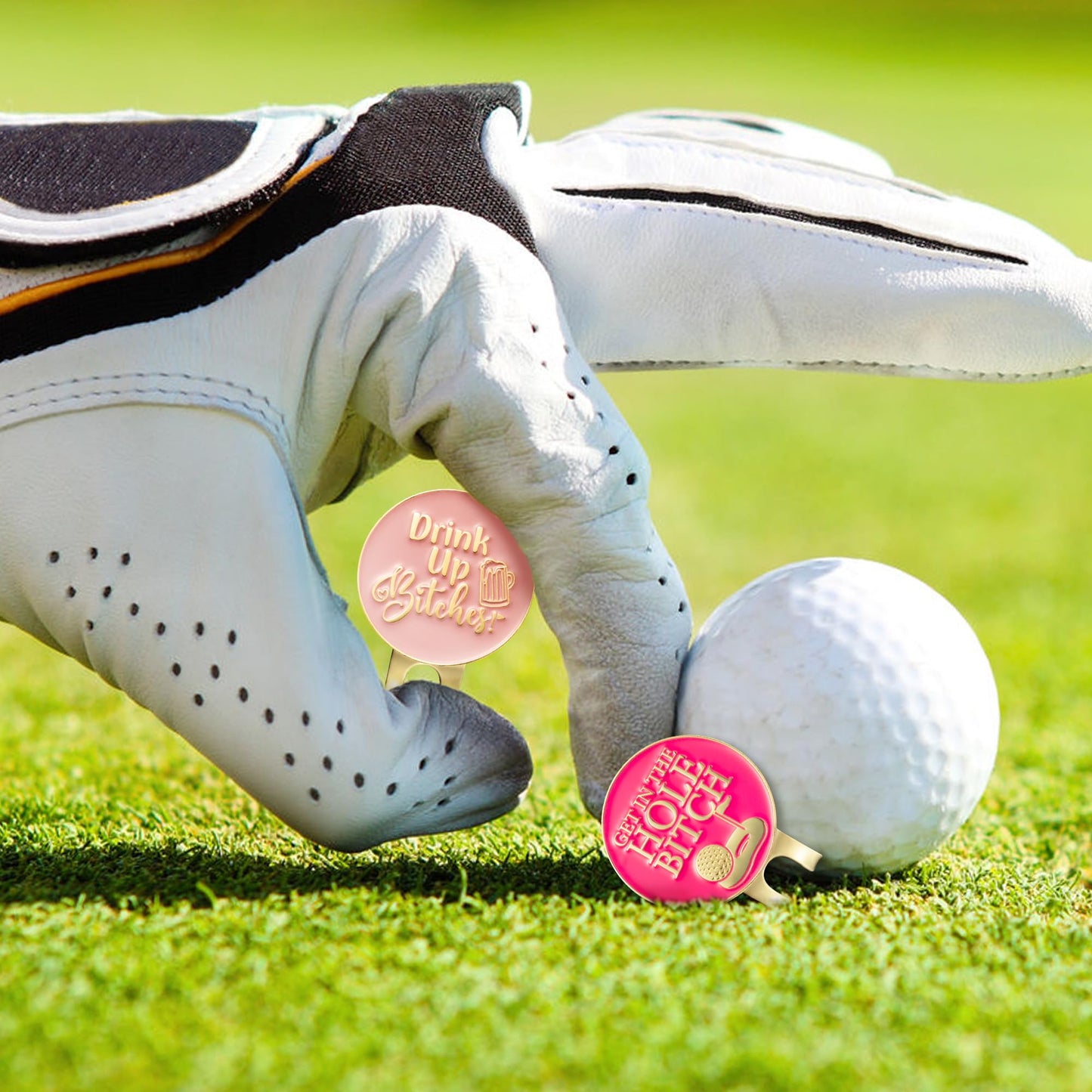 VERSRH Golf Ball Marker Clips - 2 Pcs Pink Funny Golf Ball Markers with 2pcs Magnetic Hat Clips & Pink Velvet Pouch Removable Attaches Caps Gift for Women Girls Golfer Club Accessories