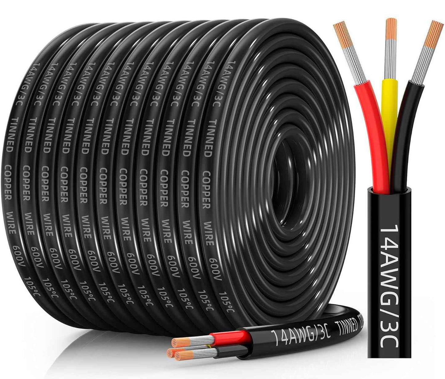 16 AWG Tinned Copper 3-Conductor Electrical Wire - Waterproof PVC Cable for Automotive, Marine & Solar (100FT)