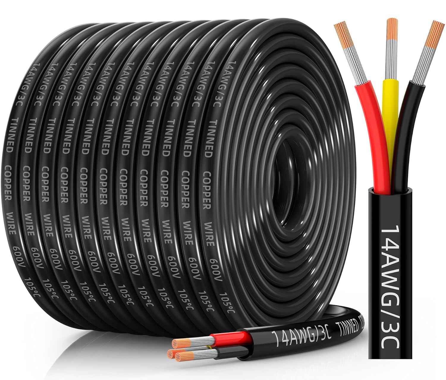 16 AWG Tinned Copper 3-Conductor Electrical Wire - Waterproof PVC Cable for Automotive, Marine & Solar (100FT)