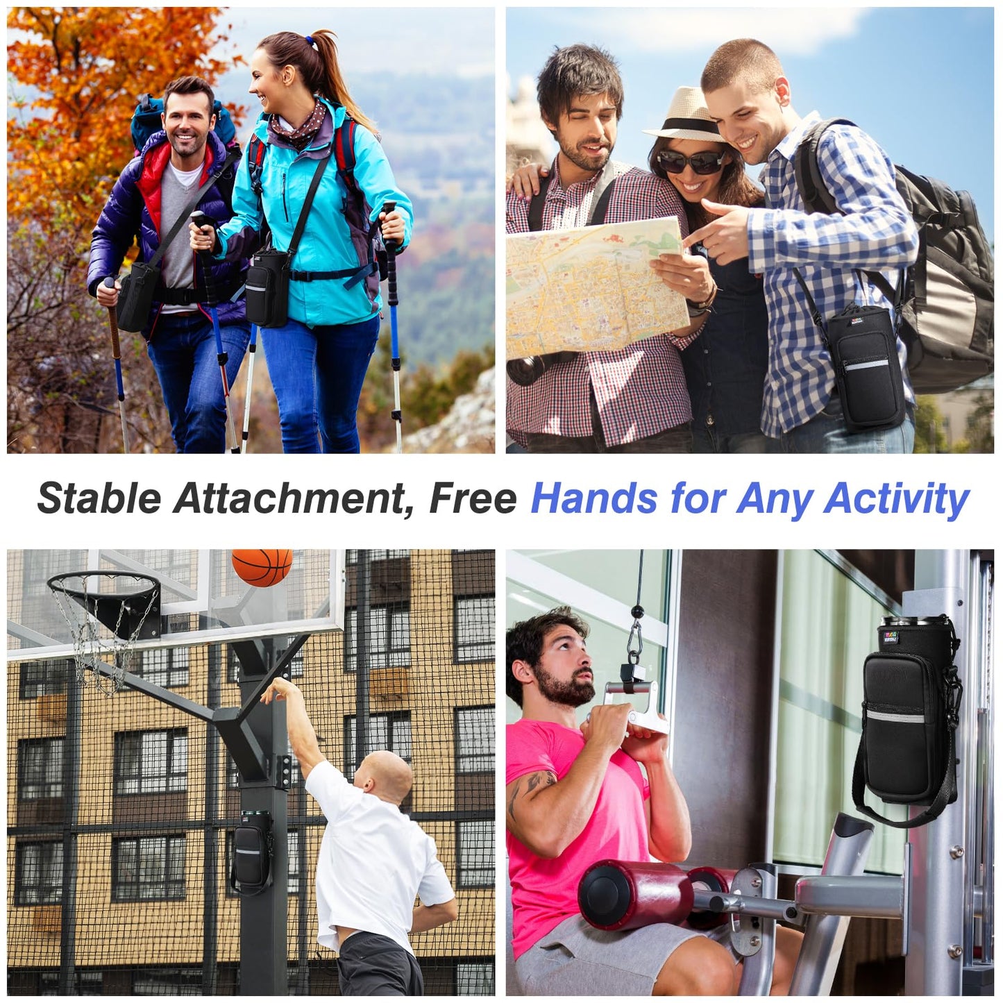 Nuovoware Magnetic Gym Bag, 25oz/32oz Water Bottle Carrier Holder, Adjustable Shoulder Strap 2 Pocket Sports Sling Neoprene Sleeve for Hiking Travelling Camping, Black+White