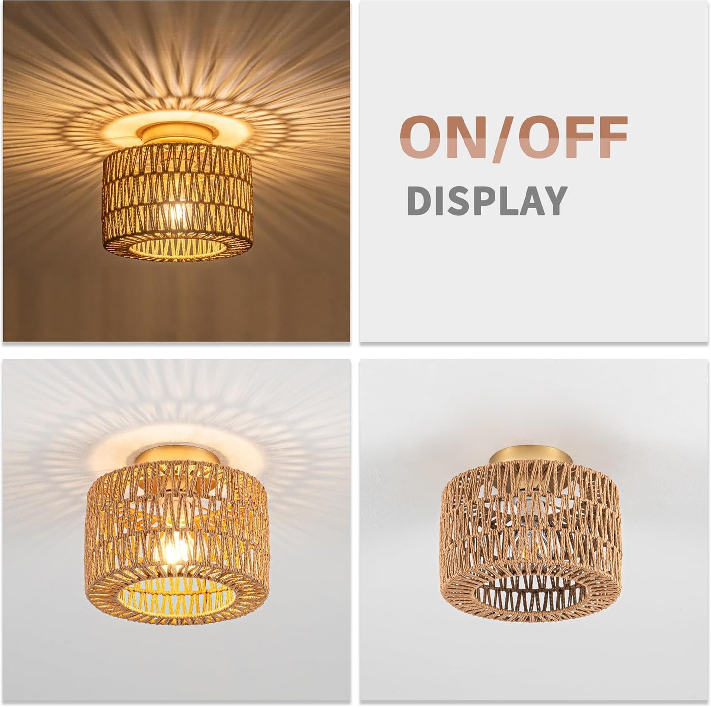 Bohemian Rattan Ceiling Light Fixture - 3-Light Woven Flush Mount for Bedroom & Living Room