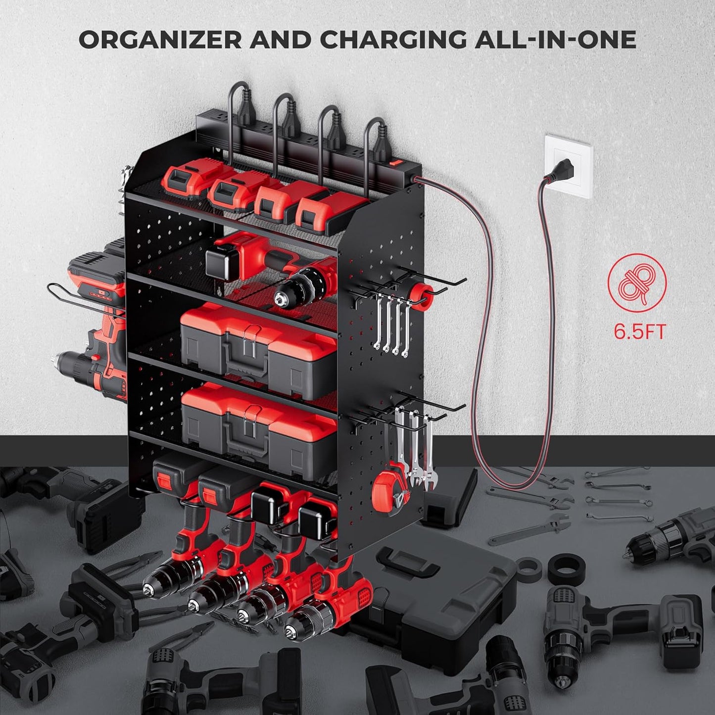 Power Tool Organizer Wall Mount - 3-Layer Charging Station with 8 Outlets & 6 Drill Holders - Efficient Garage Storage Solution (Black)