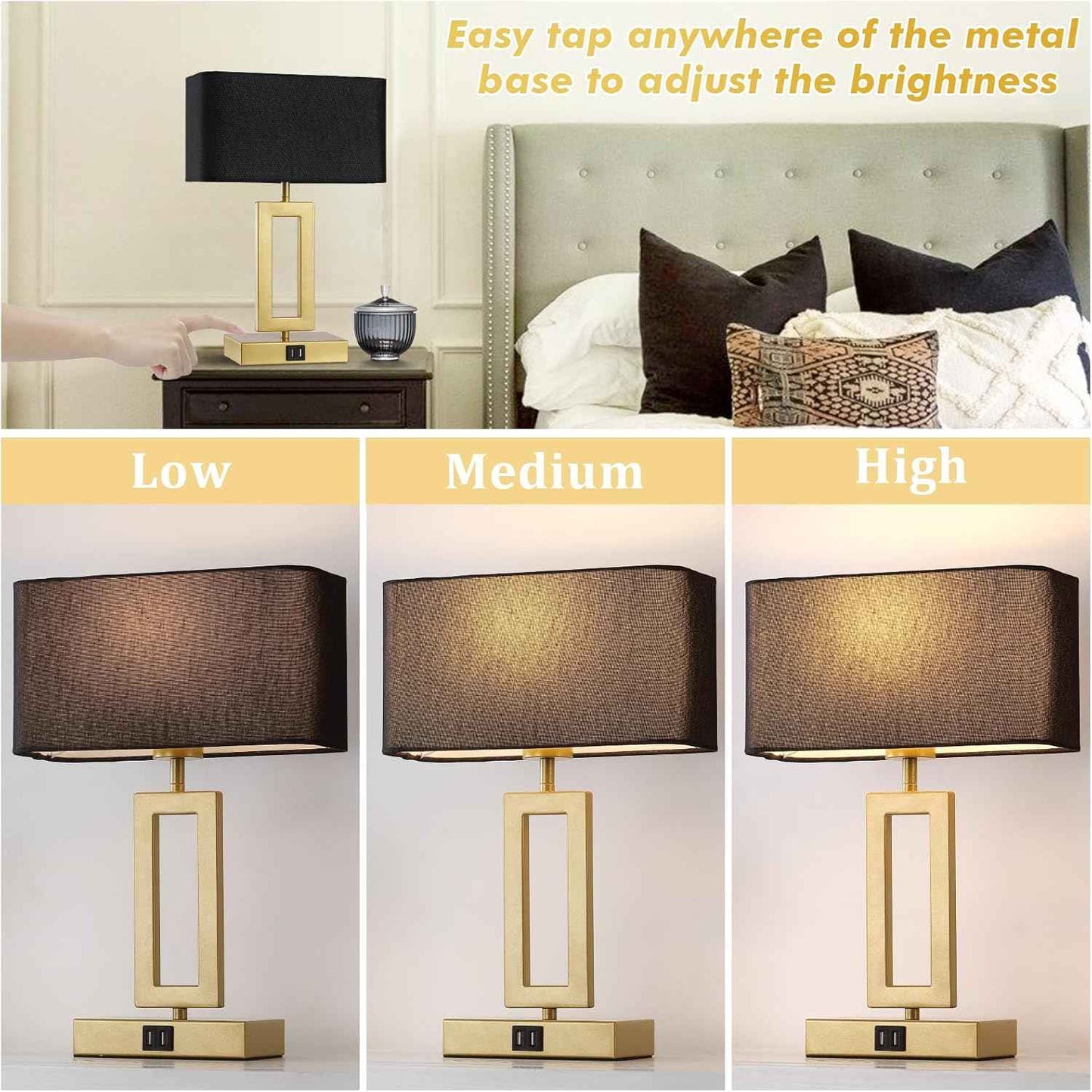 Gold Table Lamps Set of 2 - 3-Way Dimmable Touch Control with USB Ports, 22” Modern Design for Bedroom & Living Room