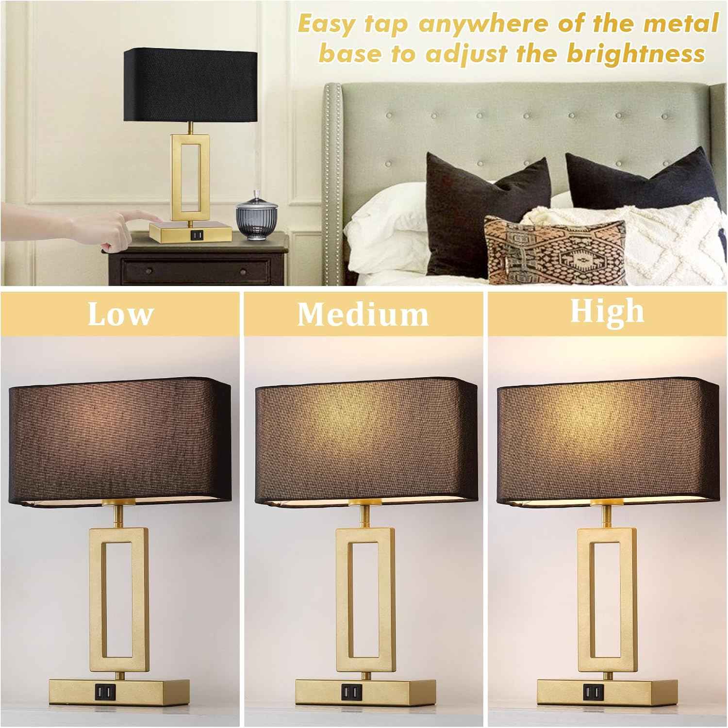 Gold Table Lamps Set of 2 - 3-Way Dimmable Touch Control with USB Ports, 22” Modern Design for Bedroom & Living Room