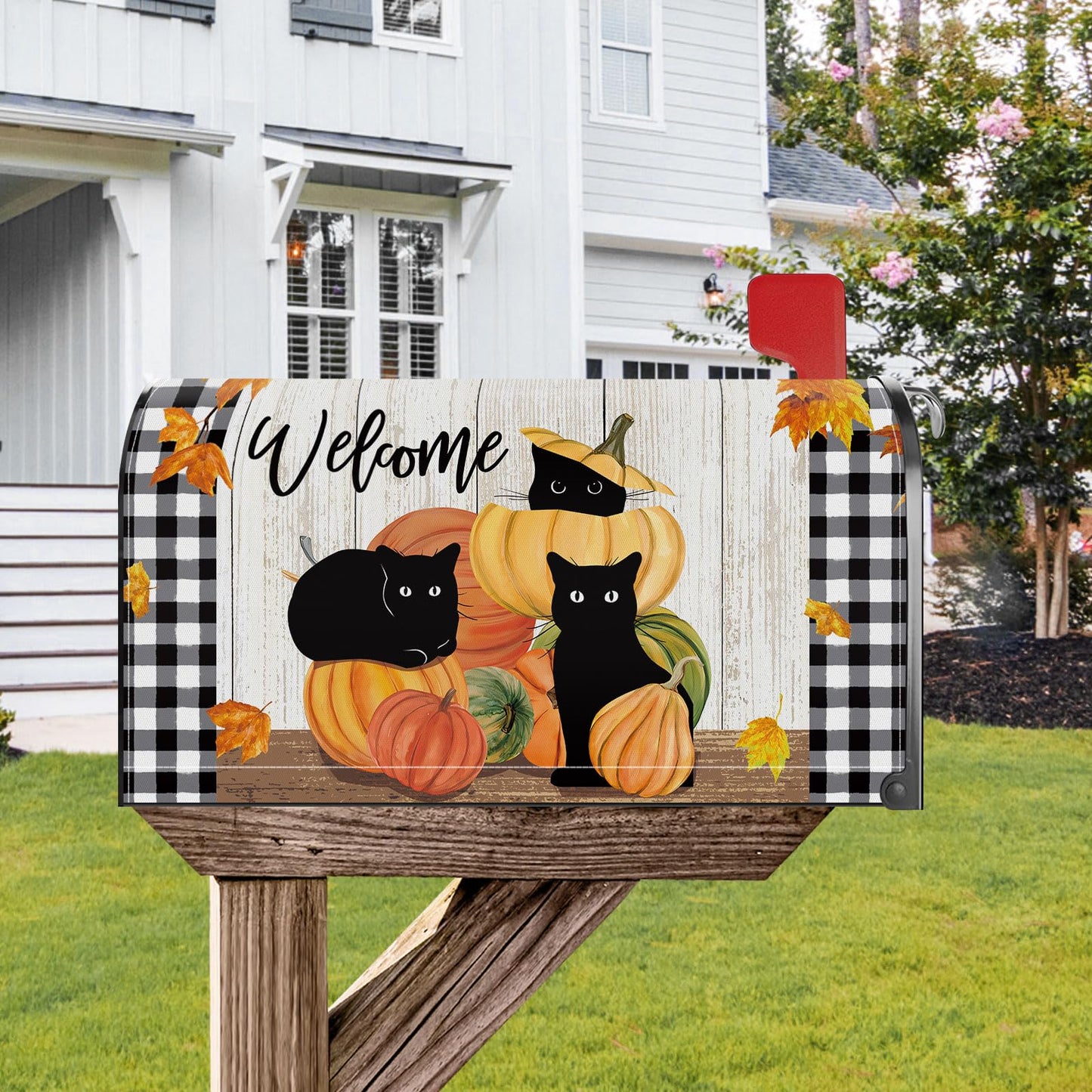 YINENA Welcome Fall Cat Pumpkin Mailbox Cover Magnetic Standard Size 21x18 Inch Fall Autumn Decorative Post Letter Box Wrap Decor Garden Yard Decoration
