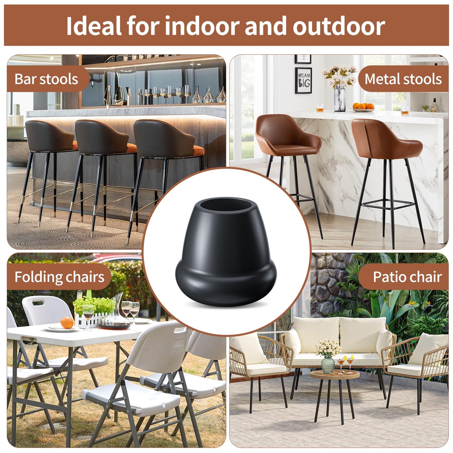 Ezprotekt 3/4" Round Rubber Chair Leg Caps, 8 Pcs Non-Slip Metal Folding Furniture Feet Stool Leg Floor Protectors Cups for Dining Table, Patio Chair Legs, Black (Fit: 0.63" - 0.75")