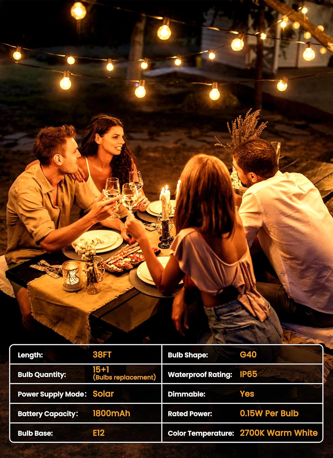Solar String Lights Outdoor 108FT with Remote - 52 Dimmable LED Bulbs for Patio, Garden, Wedding